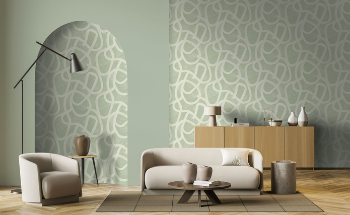 green sage wallpaper on a living room wall