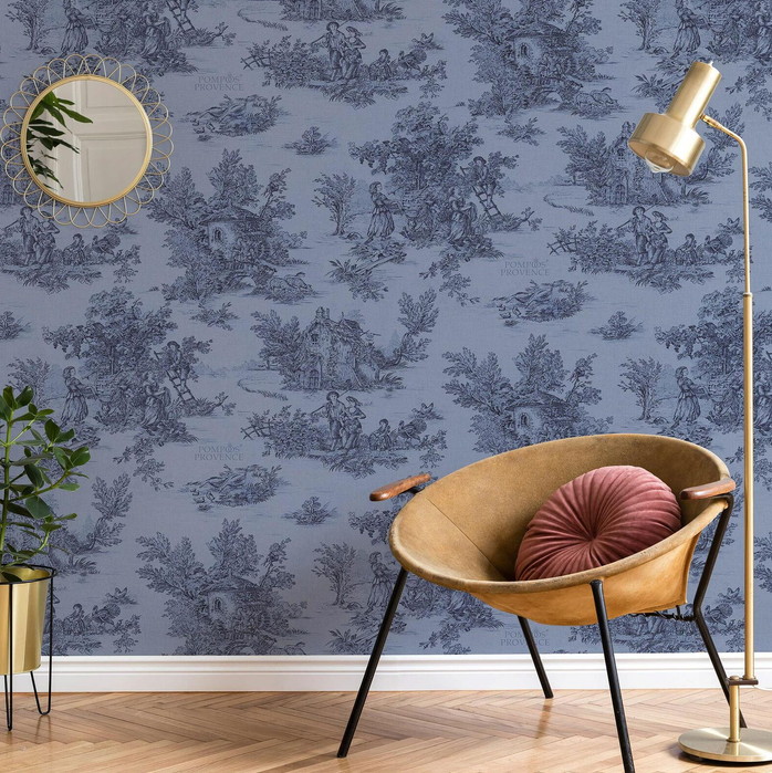 dark blue wallpaper on a reading room wall
